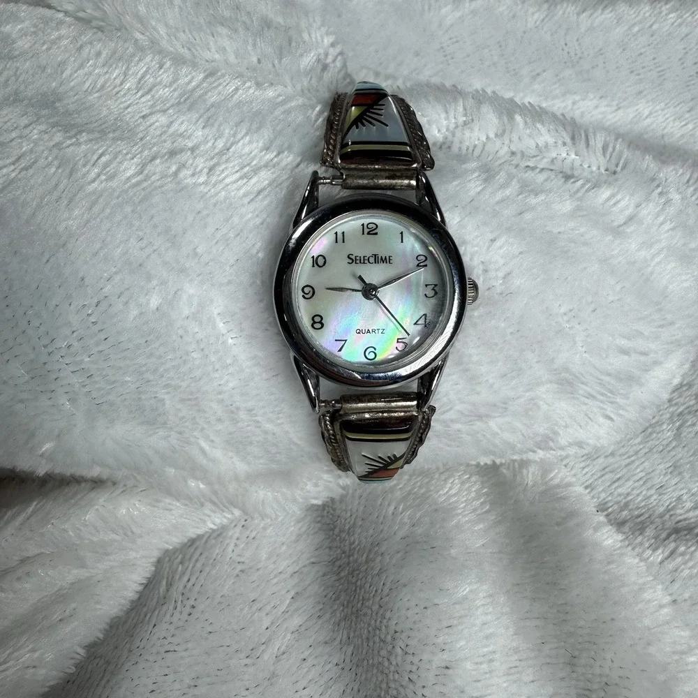 Vintage‎ Zuni Sterling Silver Multi Stone Inlaid Watchband by CM Booqua